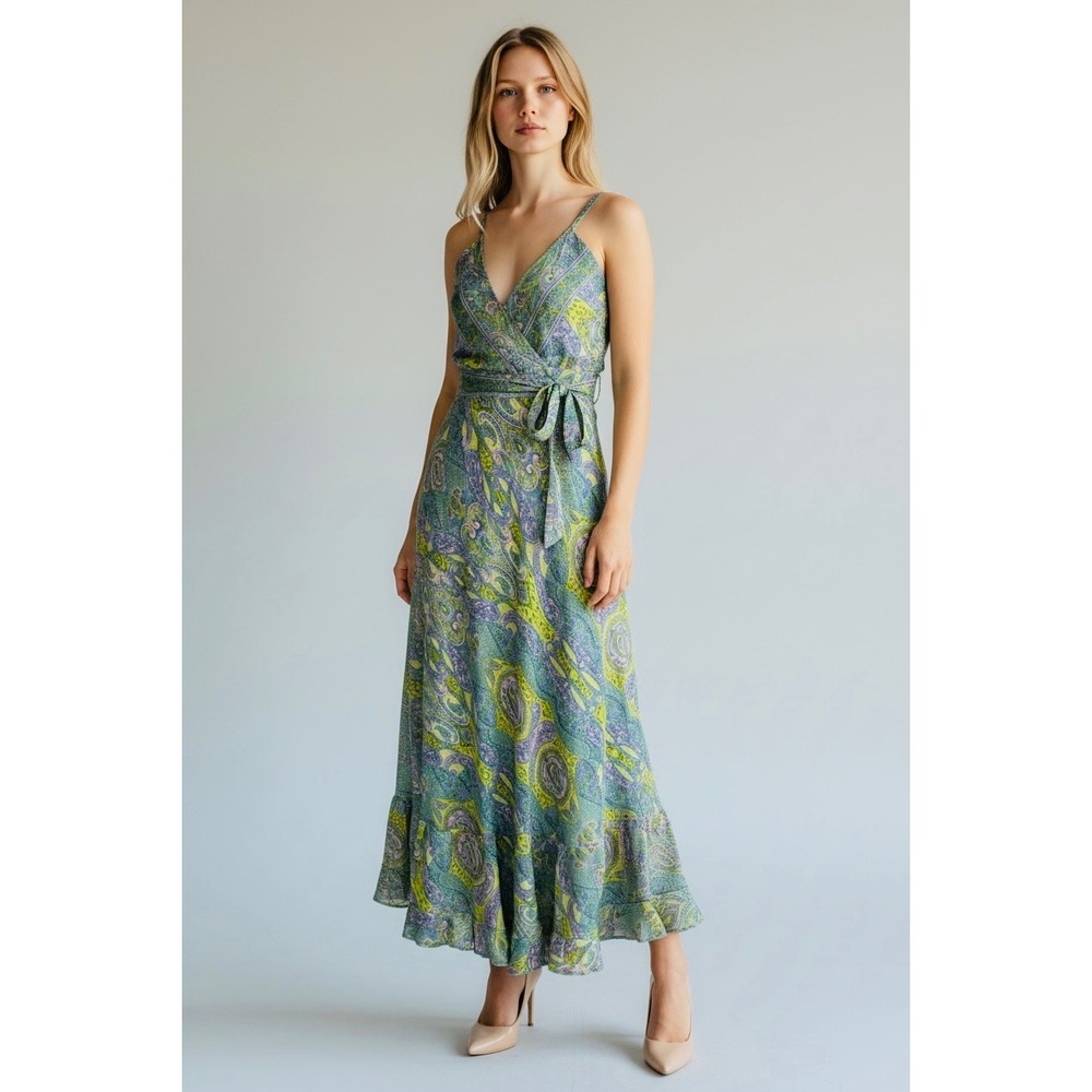 Venus Paisley Maxi Dress L/XL Green Purple Boho Ruffle Wrap Front Sleeveless